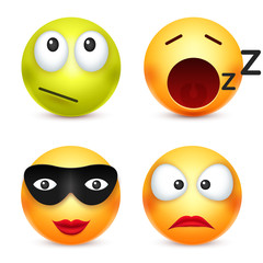 Smiley,emoticon set. Yellow face with emotions. Facial expression. 3d realistic emoji. Sad,happy,angry faces.Funny cartoon character.Mood. Web icon. Vector illustration.