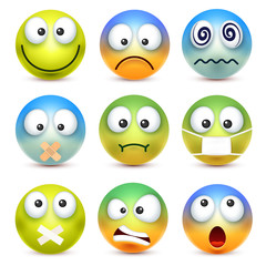 Smiley,emoticon set. Yellow face with emotions. Facial expression. 3d realistic emoji. Sad,happy,angry faces.Funny cartoon character.Mood. Web icon. Vector illustration.