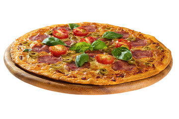 Delicious pizza served on wooden plate isolated on white