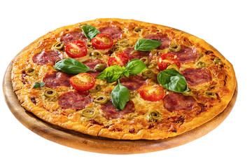Delicious pizza served on wooden plate isolated on white