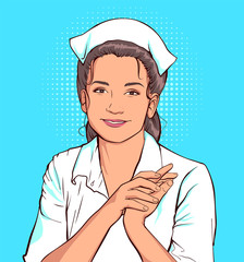 Shy nurse woman in white coat - obrazy, fototapety, plakaty