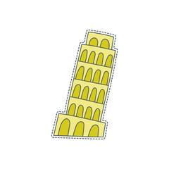 Hand drawn patch badge with Italy symbol - Pisa tower. Sticker, pin and patch in cartoon 80s-90s comic style.