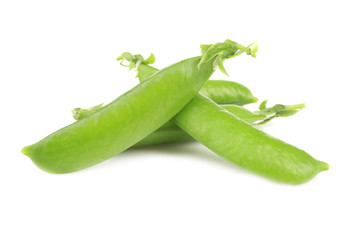 Fresh green peas pods on white background