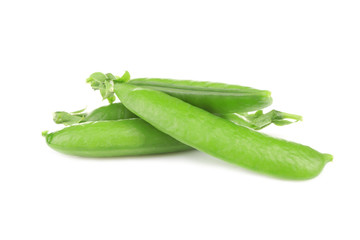 Fresh green peas pods on white background