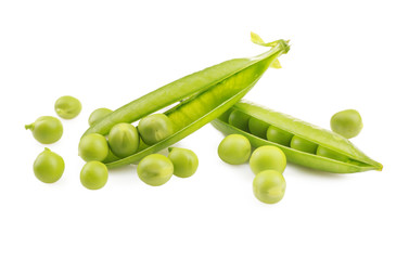 Fresh green peas on white background