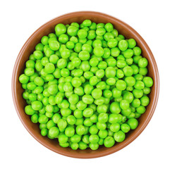 Bowl with fresh green peas on white background