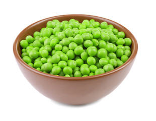 Bowl with fresh green peas on white background