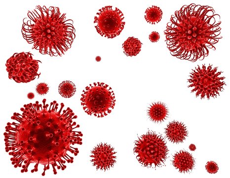Red abstract viruses isolated on white background 3D rendering.