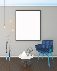 color mock up poster frame in rainbow interior background, modern and hipster style, 3D render, 3D illustration