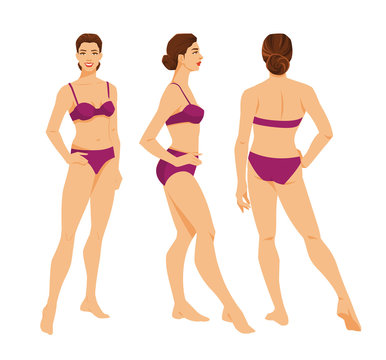Vector illustration of beautiful woman in underwear on white background. Various turns woman's figure. Front view, side and back view view.