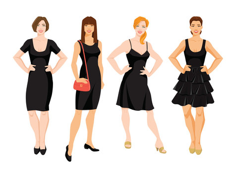 Vector illustration of different model of little black dress. Young women with different hairstyle isolated on white background .