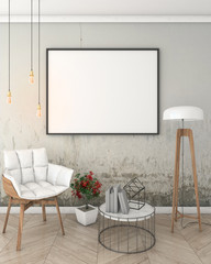 mock up poster frame in loft interior background, modern style, 3D render, 3D illustration