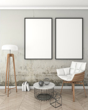 mock up poster frame in loft interior background, modern style, 3D render, 3D illustration