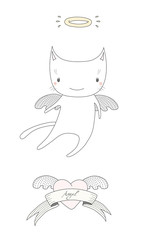 Hand drawn vector illustration of a cute little angel cat with halo, flying in the sky, with winged heart and text Angel on a ribbon