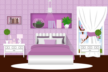 The interior of the bedroom. Lilac room. Cartoon. Vector illustration. - 163898434