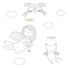 Hand drawn vector illustration of a cute little angel girl, holding kitten, and angel cat, flying, with heart and text Angel on a ribbon.