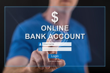 Man touching an online bank account website on a touch screen