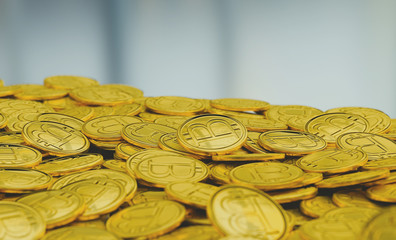 Golden bitcoins on empty background