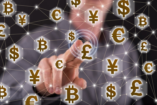 Man touching a currency network concept on a touch screen