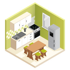 Isometric room interior design. Miniature apartment kitchen vector illustration