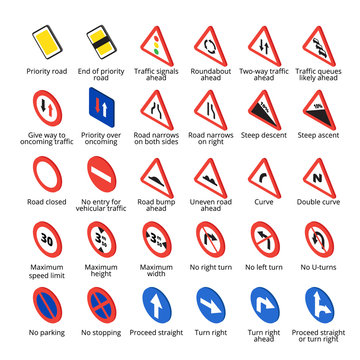 Isometric european traffic signs set. Vector road icons collection.