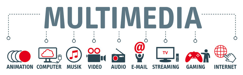 Banner Multimedia. Piktogramme zu den Themen Video, Grafik, Audio und mehr - obrazy, fototapety, plakaty
