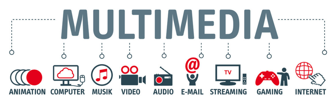 Banner Multimedia. Piktogramme zu den Themen Video, Grafik, Audio und mehr