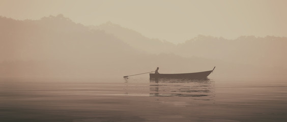 Plakaty  Fisherman in a boat on the lake