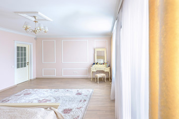 White apartment interior design bedroom with classic furniture, curtains, modern style in chisinau, cenral district, moldova