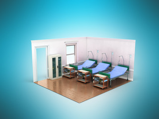 Isometric medical room three bed 3d render on blue background