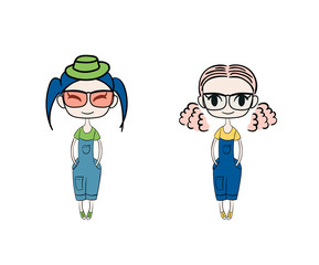 Hand drawn vector illustration of two kawaii little trendy girls in glasses with different hairstyles, dressed in denim overalls.