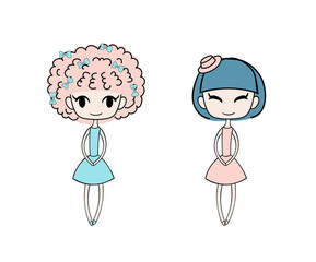 Hand drawn vector illustration of two kawaii little trendy girls with different hairstyles dressed in lovely dresses.