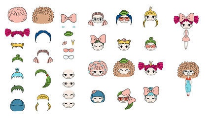 Collection of hand drawn vector doodles of kawaii funny girls heads with different hairstyles, accessories and two bodies.