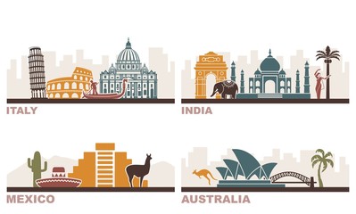 Fototapeta premium Italy, India, Mexico, Australia. Architectural landmarks around the world.
