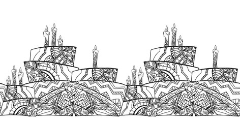 Seamless black and white border with  cake decorated with boho pattern. Vector pattern for your design. Coloring for adult