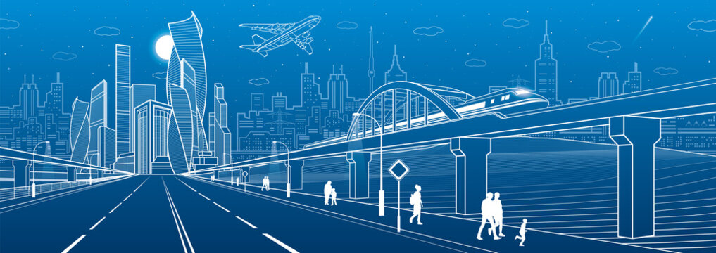 Railway bridge over highway. Urban infrastructure panorama, modern city on background, industrial architecture. Train rides. Airplane fly. People walking. White lines, night scene, vector design art