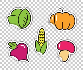 Stickers with images of vegetables. Cabbage, pumpkin, beets, corn, mushrooms