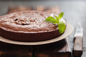 Chocolate cake brownie on gray background