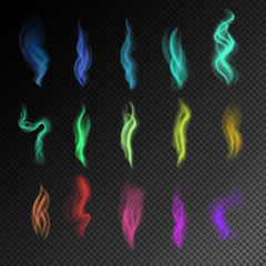 Colorful smoke on black background isolated. abstract realistic rainbow smoke set. 3d illustration. vector. created with gradient mesh.