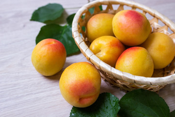 Fresh apricots in the basket On a wooden table