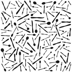 Silverware pattern. Spoons, knives, forks silhouettes. White background, black objects. vector illustration.