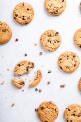 Background with chocolate chip cookies. Flat lay. Top view.