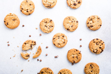 Background with chocolate chip cookies. Flat lay. Top view.