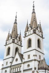 Fototapeta na wymiar Old church towers with clock, abstract view - Romania Transylvania