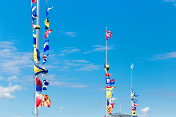 St. Petersburg, Russia - 28 June 2017: Sea flags on the pier in St. Petersburg.