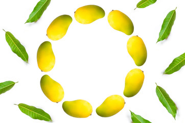 Top view and pattern of Mango fruit, Mango leaves for isolated on white background, Thai mango on on white background for cut off, Asia mango on summer