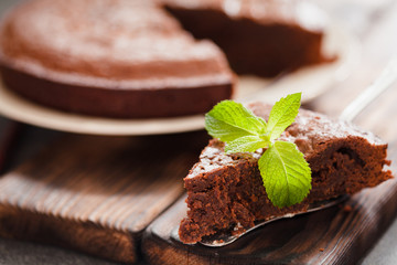 Chocolate cake brownie on gray background