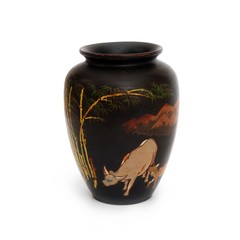 Vietnamese wooden souvenir vase with a picture from different angles