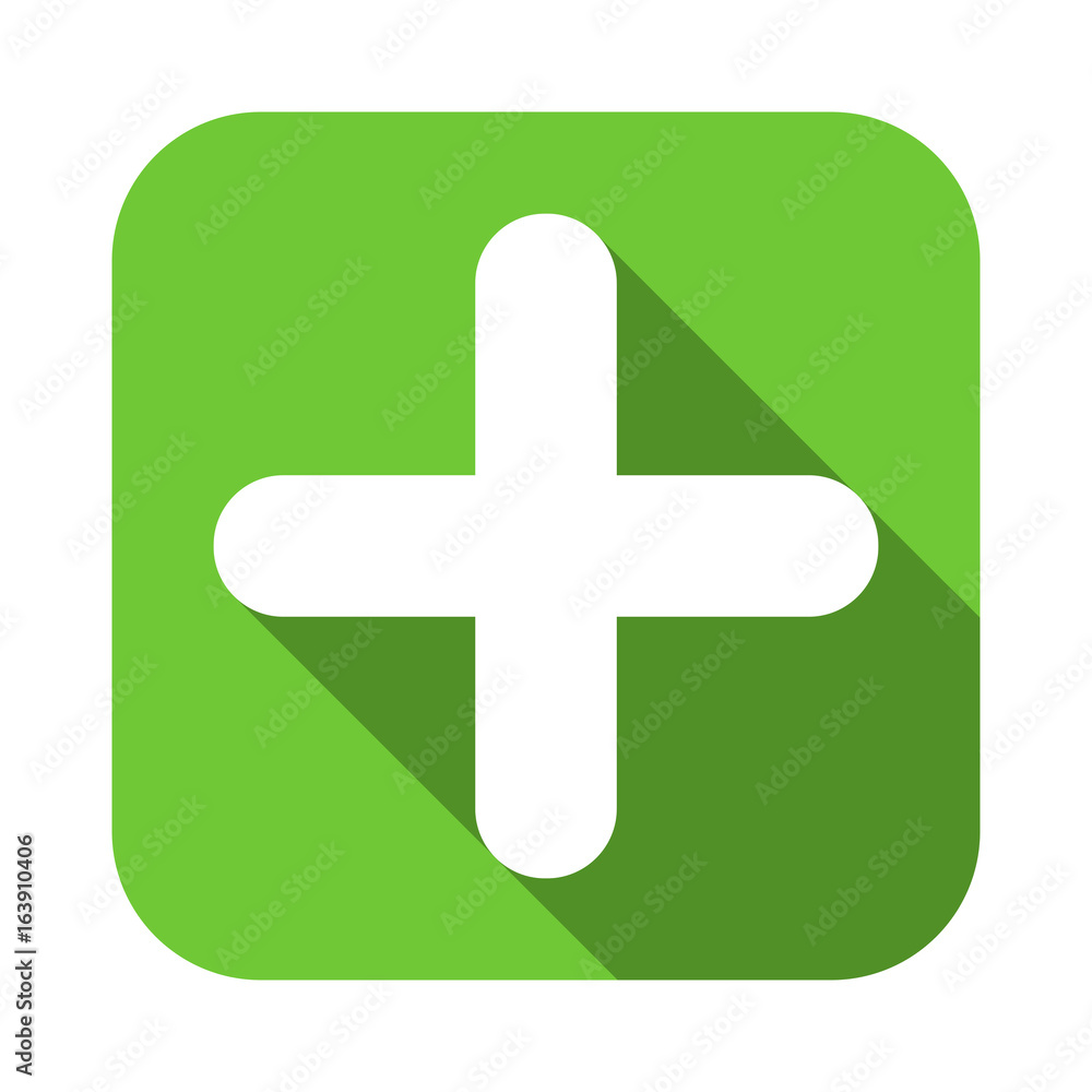 Poster plus sign flat square green icon, button with long shadow. vector eps10