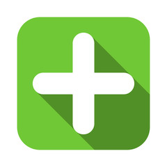 Plus sign flat square green icon, button with long shadow. Vector EPS10
